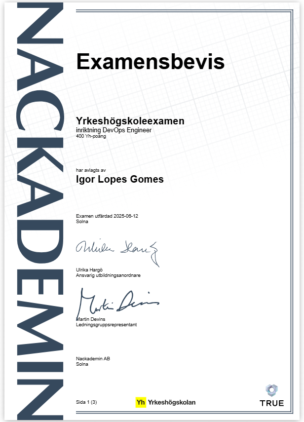 First page of Igor Gomes' DevOps Engineer diploma issued by Nackademin